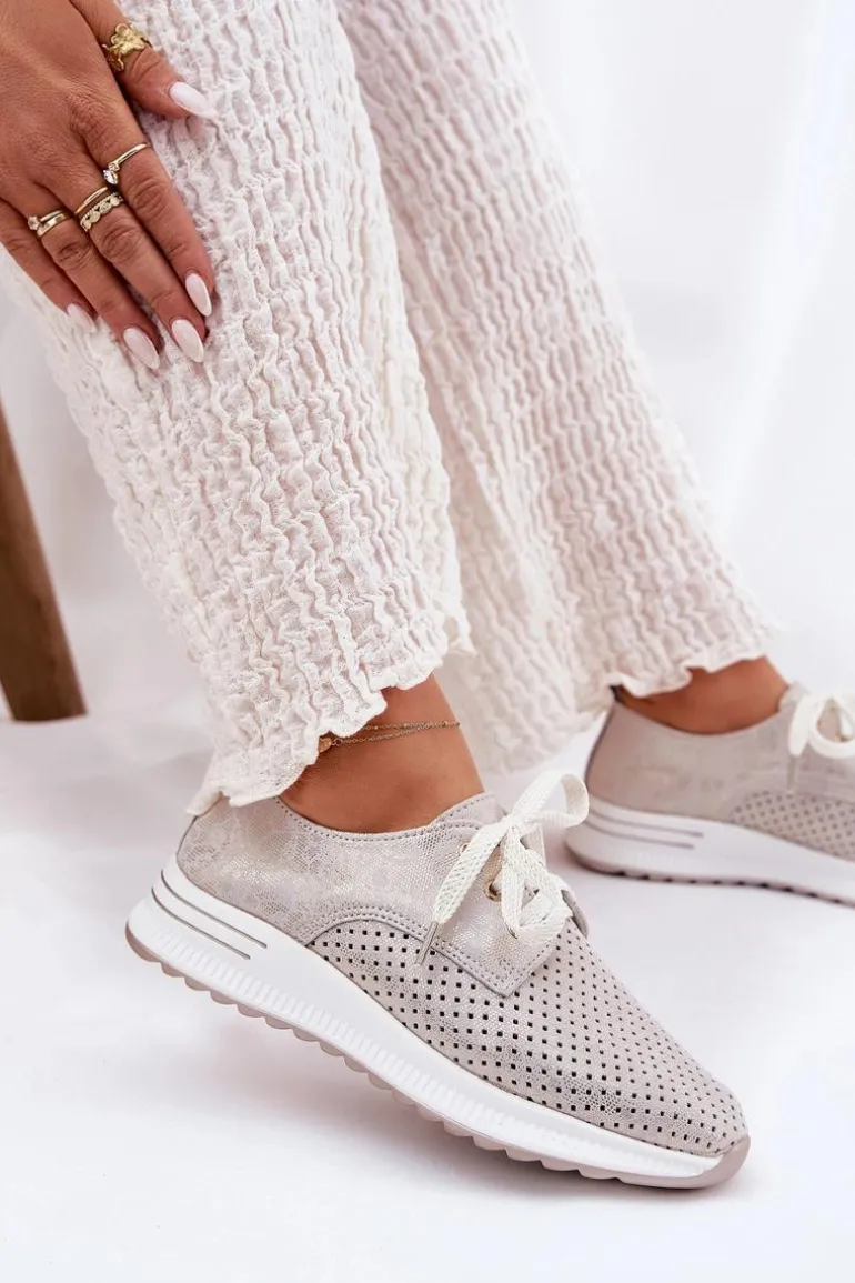 Skórzane Lekkie Półbuty Damskie Na Platformie Artiker 56C2113 Beżowo-Złote