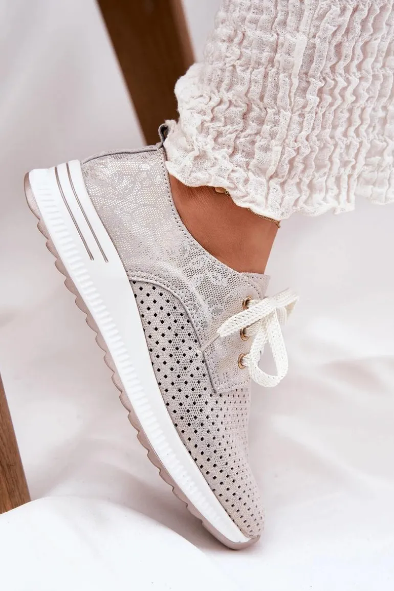 Skórzane Lekkie Półbuty Damskie Na Platformie Artiker 56C2113 Beżowo-Złote