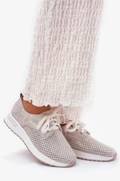 Skórzane Lekkie Półbuty Damskie Na Platformie Artiker 56C2113 Beżowo-Złote