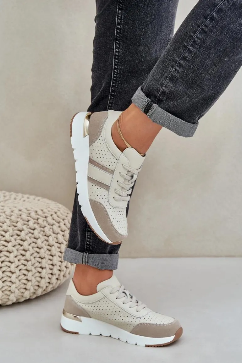 Skórzane Lekkie Sneakersy Buty Sportowe Damskie Beżowe Norlexia