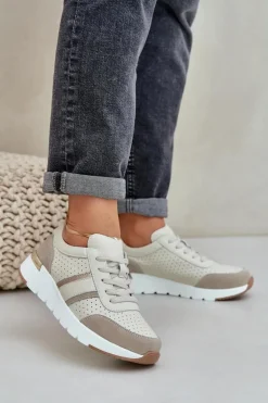 Skórzane Lekkie Sneakersy Buty Sportowe Damskie Beżowe Norlexia