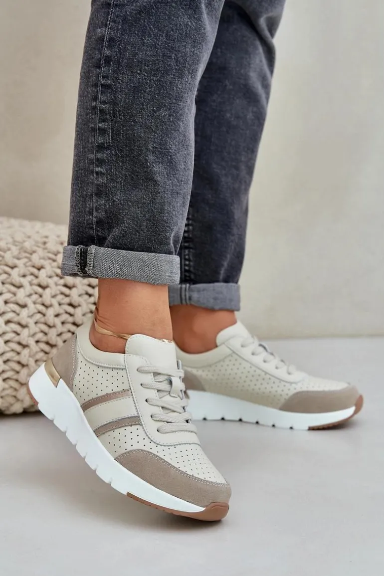 Skórzane Lekkie Sneakersy Buty Sportowe Damskie Beżowe Norlexia