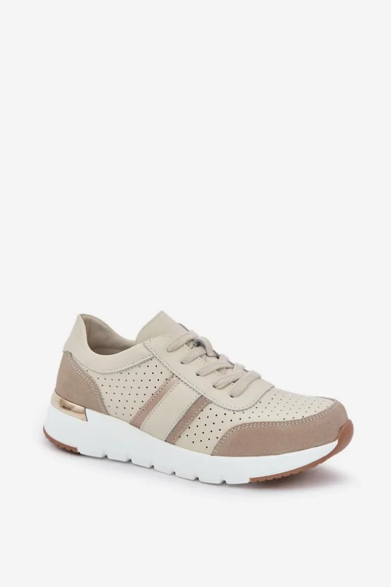 Skórzane Lekkie Sneakersy Buty Sportowe Damskie Beżowe Norlexia