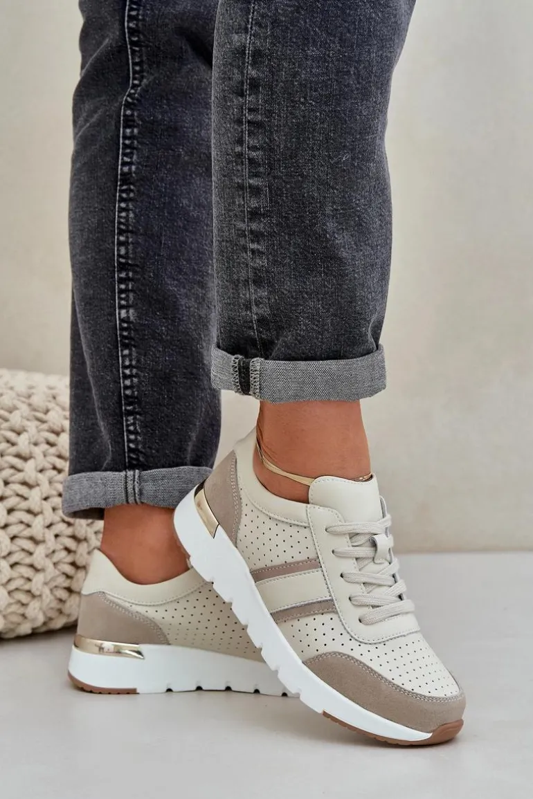 Skórzane Lekkie Sneakersy Buty Sportowe Damskie Beżowe Norlexia