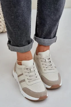 Skórzane Lekkie Sneakersy Buty Sportowe Damskie Beżowe Norlexia