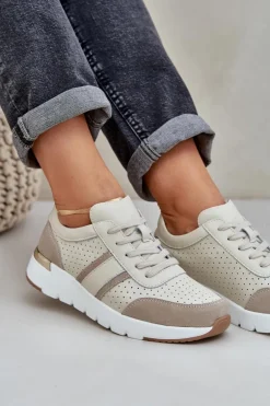 Skórzane Lekkie Sneakersy Buty Sportowe Damskie Beżowe Norlexia