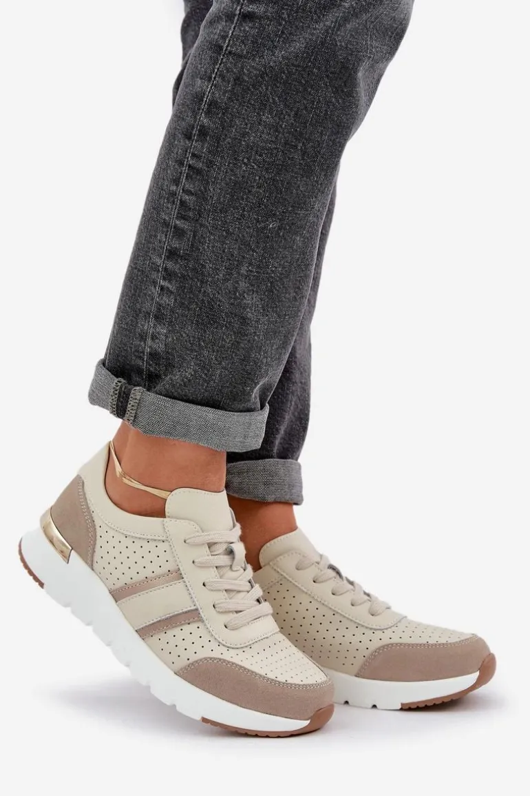 Skórzane Lekkie Sneakersy Buty Sportowe Damskie Beżowe Norlexia