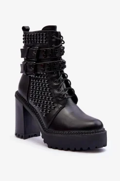 Skórzane Masywne Botki Na Obcasie Ćwieki Czarne Cadabra