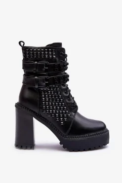 Skórzane Masywne Botki Na Obcasie Ćwieki Czarne Cadabra