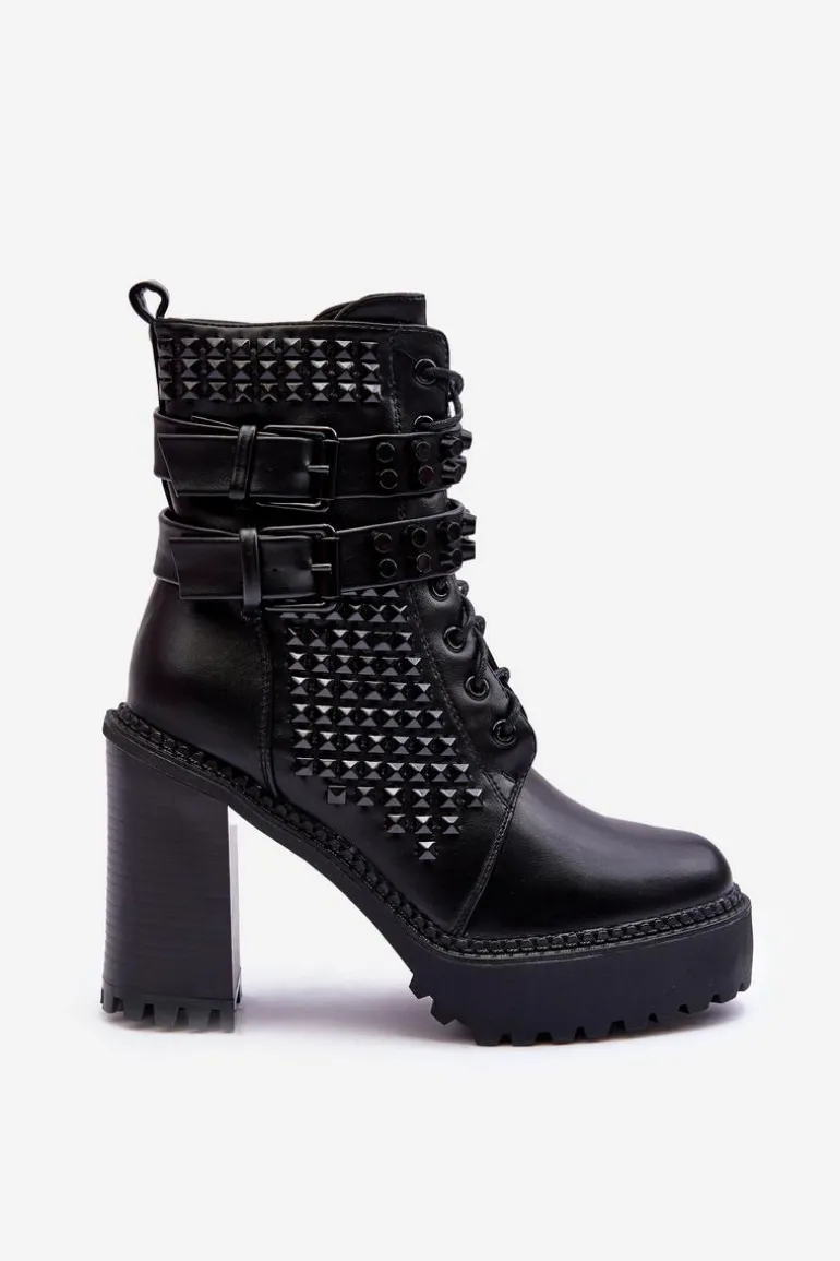 Skórzane Masywne Botki Na Obcasie Ćwieki Czarne Cadabra
