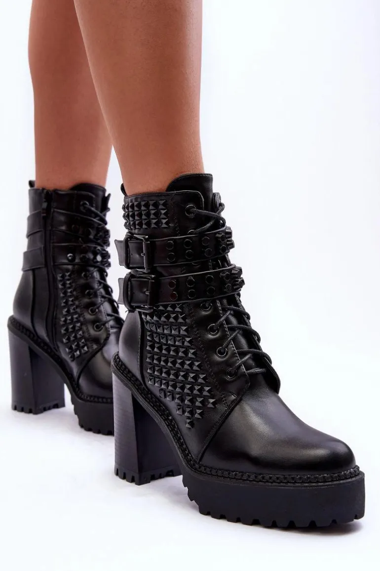 Skórzane Masywne Botki Na Obcasie Ćwieki Czarne Cadabra