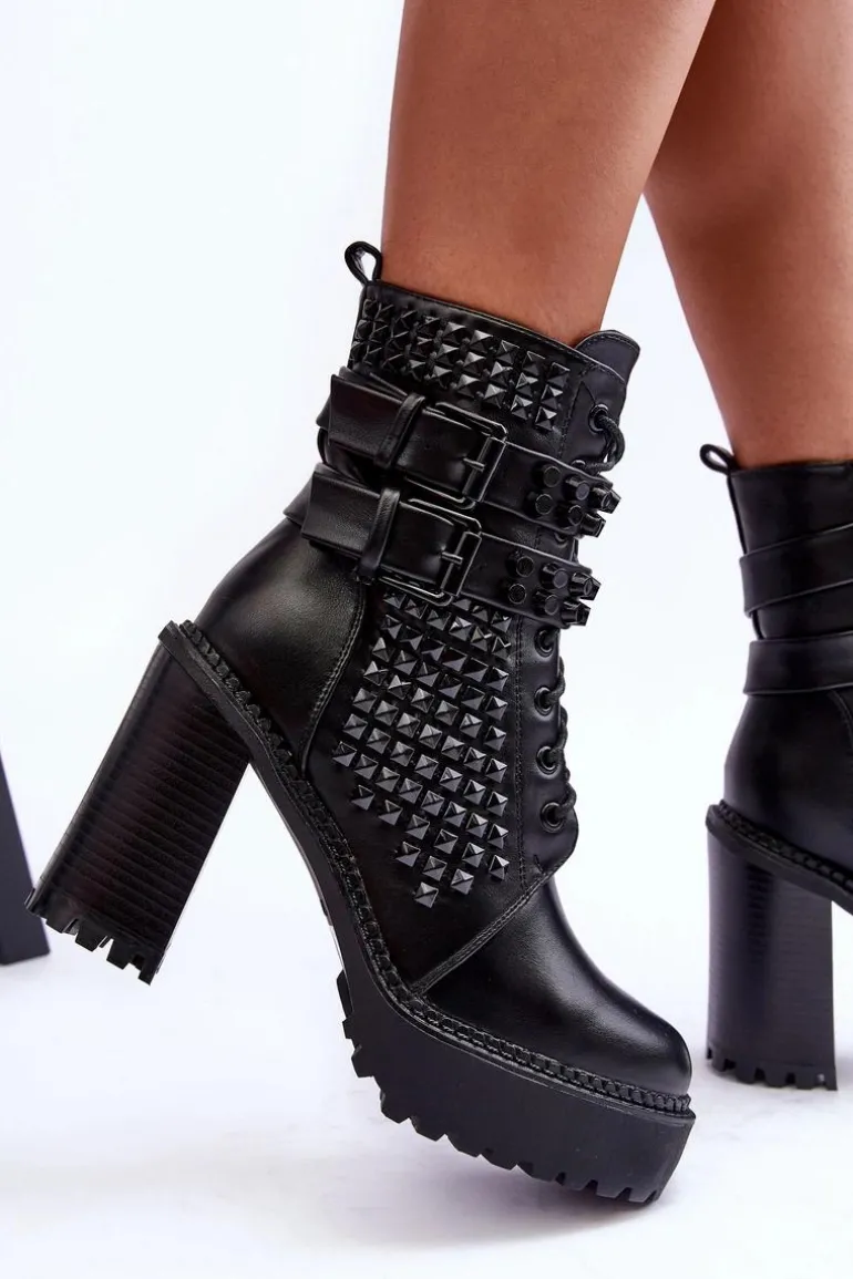 Skórzane Masywne Botki Na Obcasie Ćwieki Czarne Cadabra