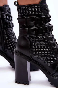 Skórzane Masywne Botki Na Obcasie Ćwieki Czarne Cadabra