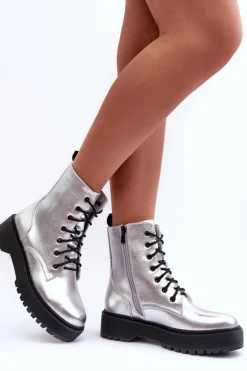 Skórzane Metaliczne Botki Workery Srebrne Teflorna