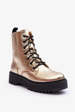 Skórzane Metaliczne Botki Workery Złote Teflorna
