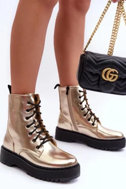 Skórzane Metaliczne Botki Workery Złote Teflorna
