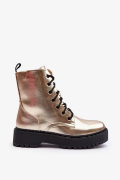 Skórzane Metaliczne Botki Workery Złote Teflorna