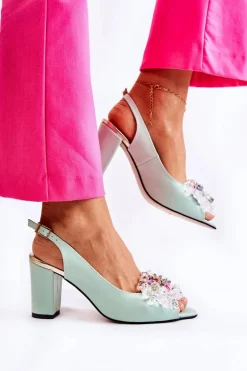 Skórzane Modne Czółenka Sandały Z Ozdobą Zielone Meriss