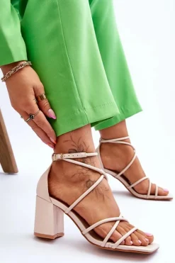 Skórzane Modne Damskie Sandały Na Obcasie Beżowe Primma