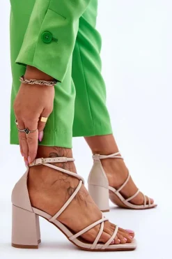 Skórzane Modne Damskie Sandały Na Obcasie Beżowe Primma