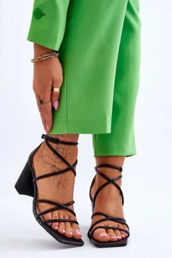 Skórzane Modne Damskie Sandały Na Obcasie Czarne Primma