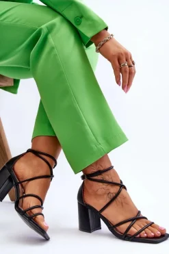 Skórzane Modne Damskie Sandały Na Obcasie Czarne Primma