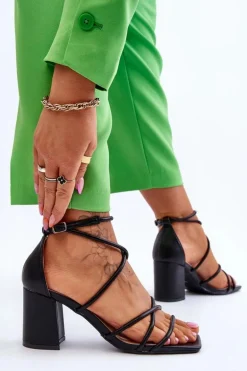 Skórzane Modne Damskie Sandały Na Obcasie Czarne Primma