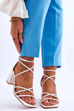 Skórzane Modne Damskie Sandały Na Obcasie Białe Primma