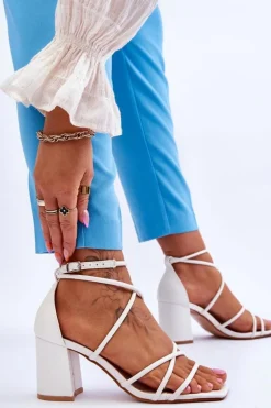 Skórzane Modne Damskie Sandały Na Obcasie Białe Primma