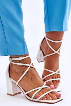 Skórzane Modne Damskie Sandały Na Obcasie Białe Primma