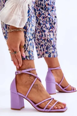 Skórzane Modne Damskie Sandały Na Obcasie Fioletowe Primma