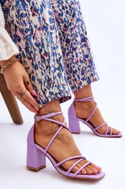 Skórzane Modne Damskie Sandały Na Obcasie Fioletowe Primma