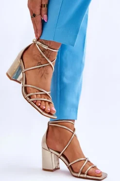 Skórzane Modne Damskie Sandały Na Obcasie Złote Primma