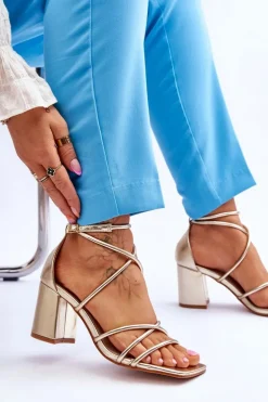 Skórzane Modne Damskie Sandały Na Obcasie Złote Primma