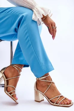 Skórzane Modne Damskie Sandały Na Obcasie Złote Primma