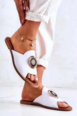 Skórzane Modne Klapki Lewski Shoes 3132/O Białe