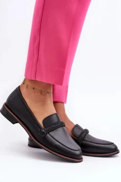 Skórzane Mokasyny Damskie Z Ozdobnym Paseczkiem Czarne Saosin