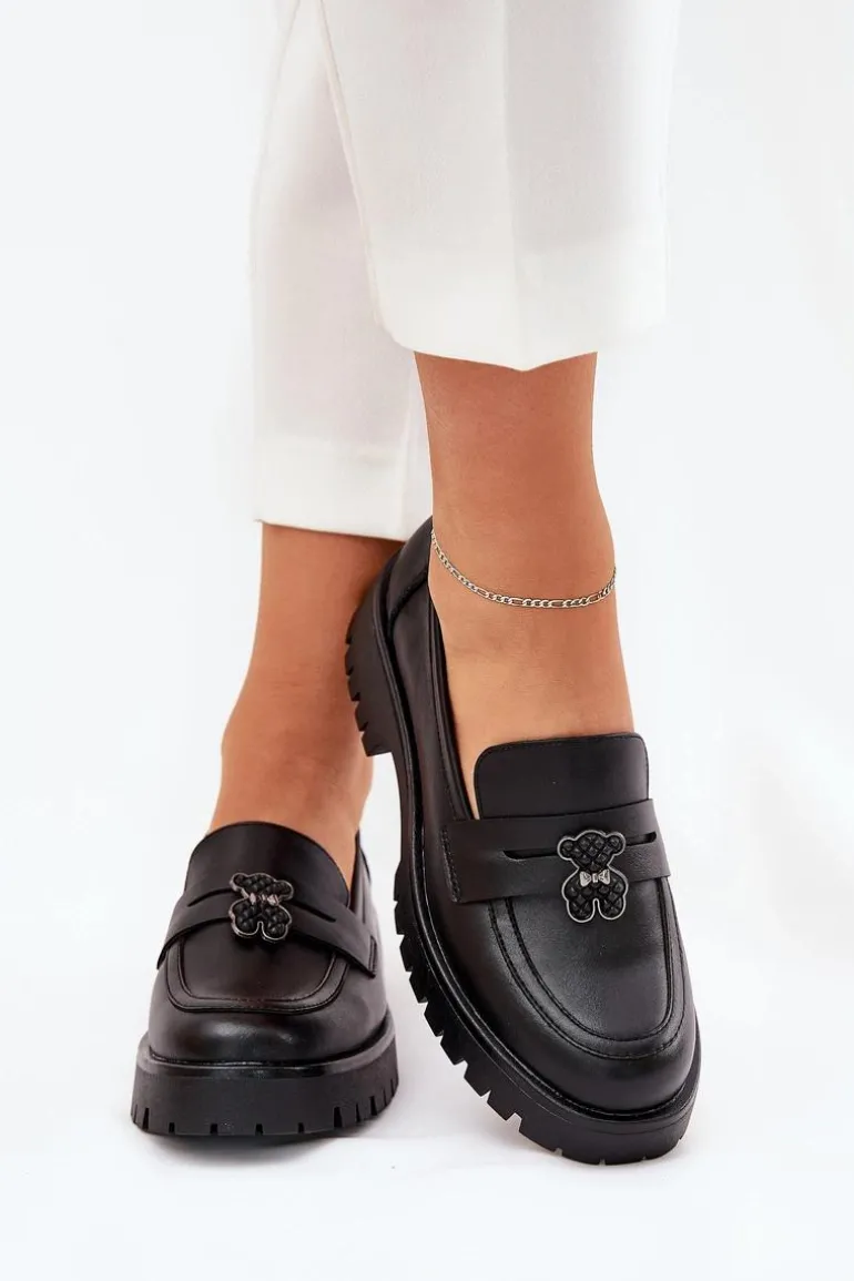 Skórzane Mokasyny Damskie Z Przypinką Miś Vinceza 18109 Czarne