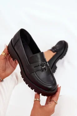 Skórzane Mokasyny Damskie Z Przypinką Miś Vinceza 18109 Czarne