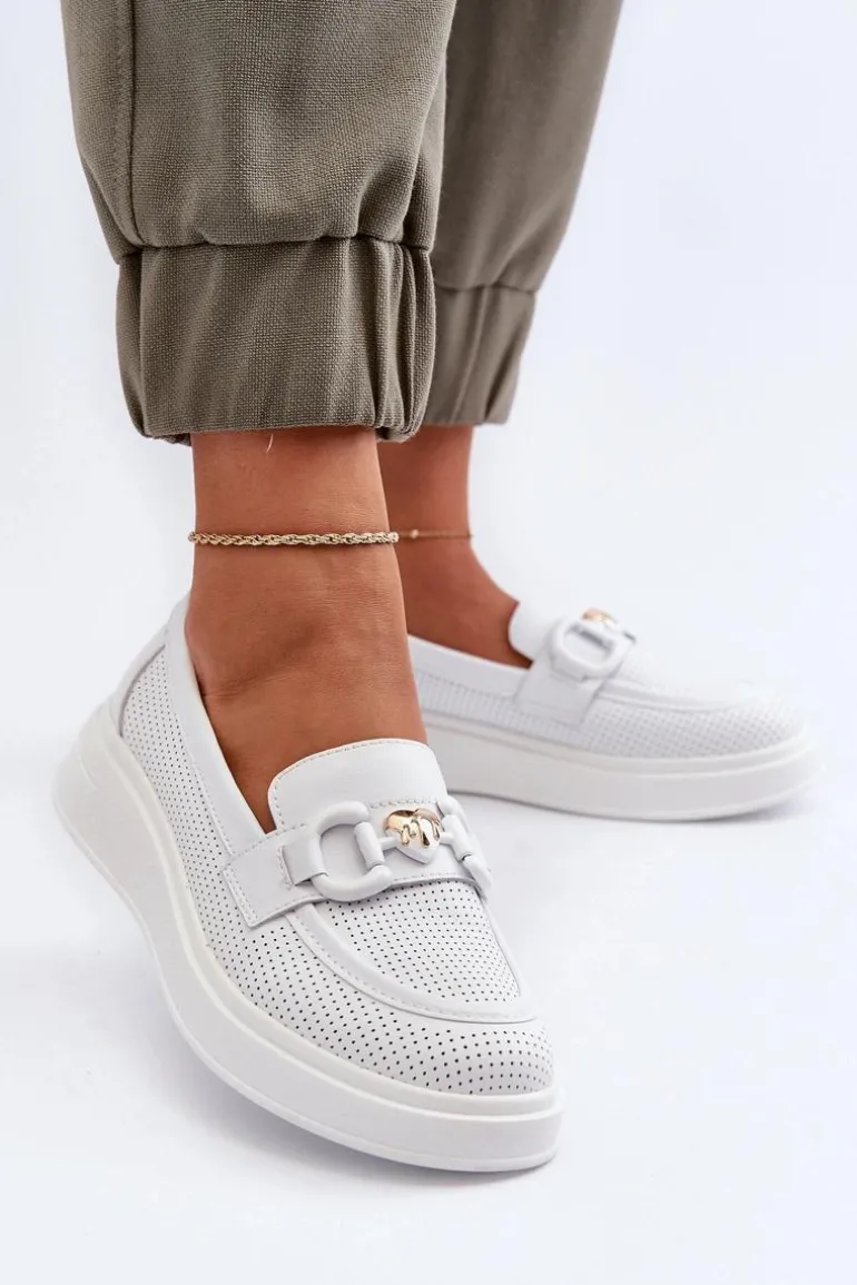 Skórzane Mokasyny Damskie Na Platformie Białe S.Barski LR720