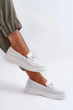 Skórzane Mokasyny Damskie Na Platformie Białe S.Barski LR720