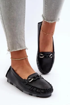 Skórzane Mokasyny Damskie Z Ozdobą Czarne S.Barski LR339