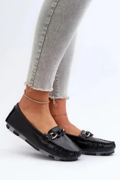 Skórzane Mokasyny Damskie Z Ozdobą Czarne S.Barski LR339