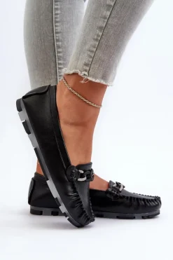 Skórzane Mokasyny Damskie Z Ozdobą Czarne S.Barski LR339