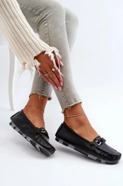 Skórzane Mokasyny Damskie Z Ozdobą Czarne S.Barski LR339