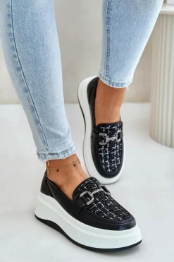 Skórzane Mokasyny Damskie Na Platformie Z Ozdobą Vinceza 89105 Czarne