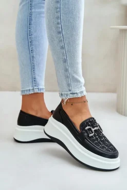 Skórzane Mokasyny Damskie Na Platformie Z Ozdobą Vinceza 89105 Czarne