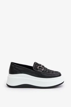 Skórzane Mokasyny Damskie Na Platformie Z Ozdobą Vinceza 89105 Czarne