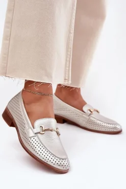 Skórzane Mokasyny Damskie Z Ozdobą Na Płaskim Obcasie S.Barski LR51-594 Srebrne