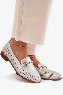 Skórzane Mokasyny Damskie Z Ozdobą Na Płaskim Obcasie S.Barski LR51-594 Srebrne